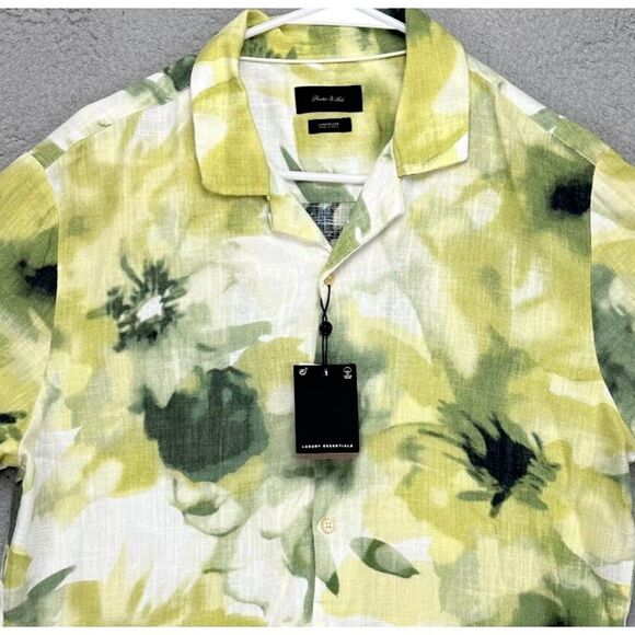 Porter Ash Shirt Mens Medium Green Floral Linen Blend Hawaiian Button Up NEW